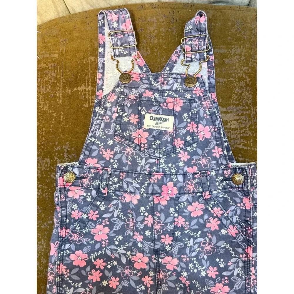 OshKosh Bgosh Floral Denim Overalls Baby Girls 12M Blue Pink Flower Print Bibs